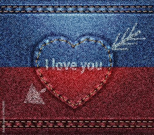 Jeans heart pierced with arrow, I love You, texture fabric denim, blue red vector