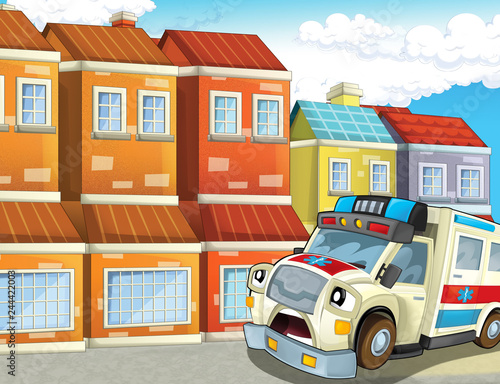 cartoon scene in the city with happy ambulance - illustration for children © honeyflavour