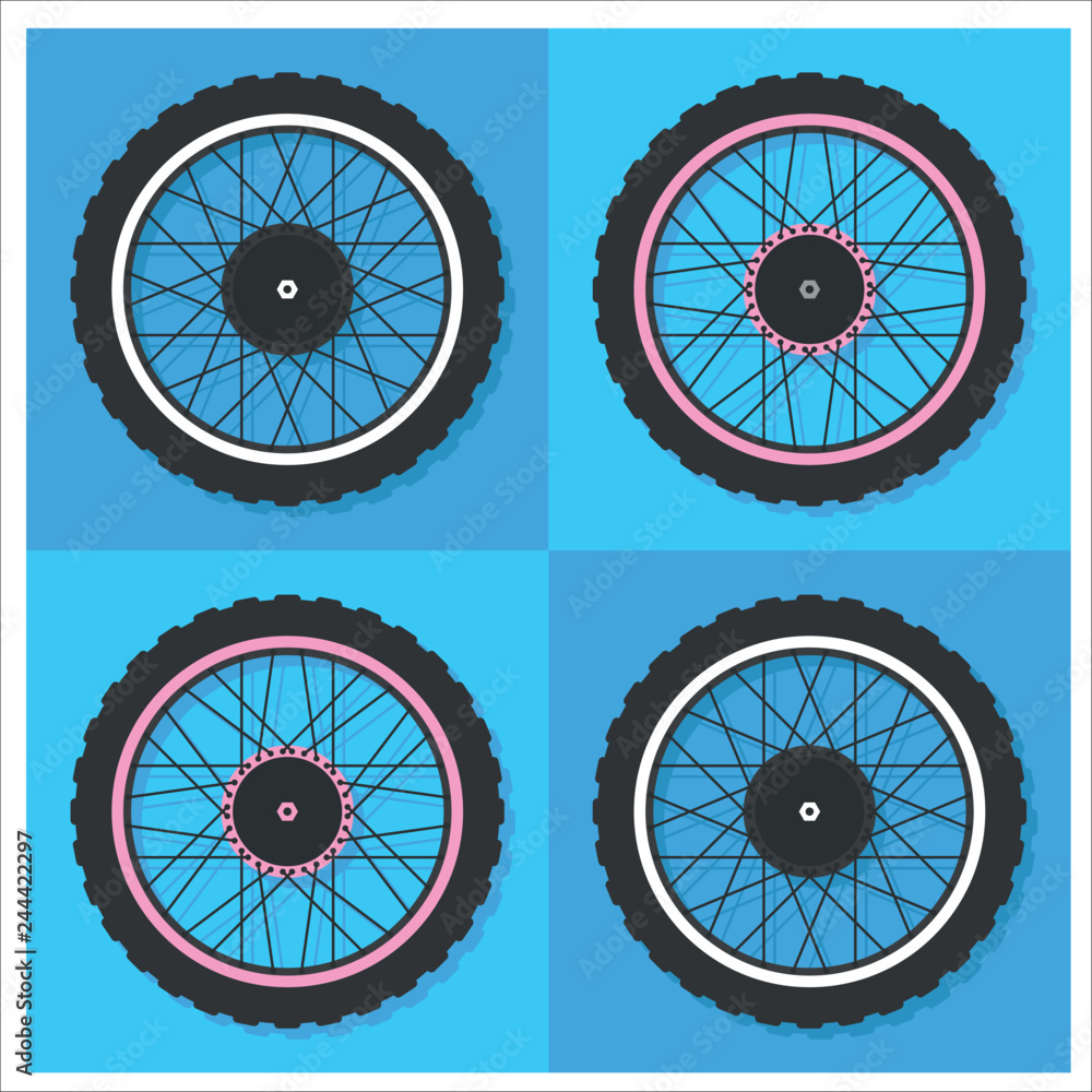 Bicycle wheel symbol,vector. Bike rubber. Mountain tyre. Valve. Fitness cycle.MTB. Mountainbike.Set with 4  wheels on  blue background. Illustration in a flat style