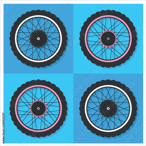 Bicycle wheel symbol,vector. Bike rubber. Mountain tyre. Valve. Fitness cycle.MTB. Mountainbike.Set with 4  wheels on  blue background. Illustration in a flat style