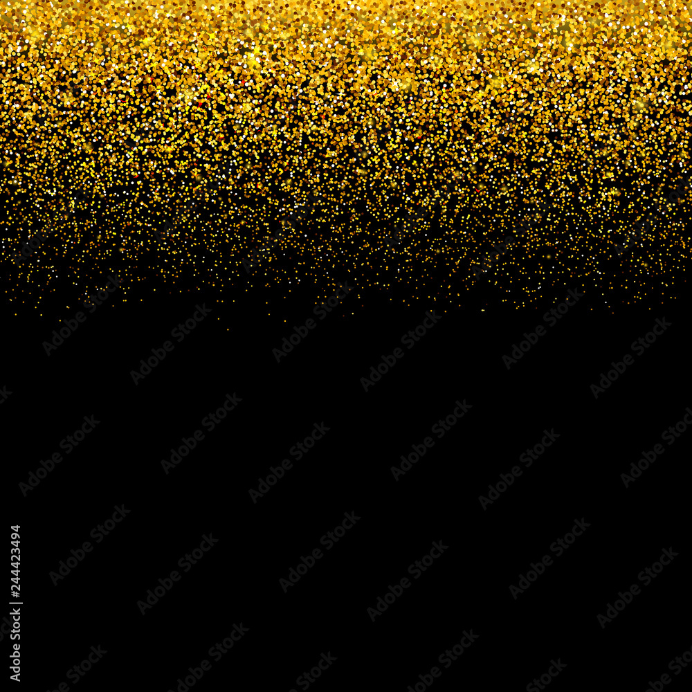 Gold confetti on black background. Falling golden dots border. Glitter texture effect. Vector illustration. Easy to edit template for invitations, cards, party decorations, wedding stationery etc.