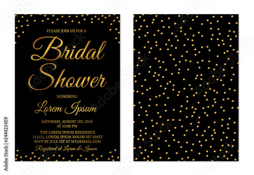 Gold confetti bridal shower invitation card front and back side. Wedding stationery. Golden glittering polka dots bridal or bachelorette party invite. Vector illustration. Easy to edit template 