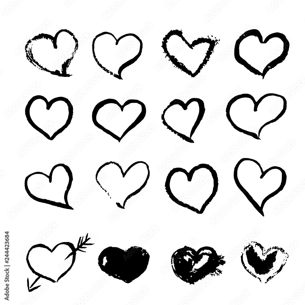 Set of 16 hand drawn black hearts isolated on white. Grunge heart shapes vector illustration. Textured brush stroke. Watercolor painting effect. Valentines day theme. Easy to edit elements of design. Set of 16 hand drawn black hearts isolated on white. Grunge heart shapes vector illustration. Textured brush stroke. Watercolor painting effect. Valentines day theme. Easy to edit elements of design.