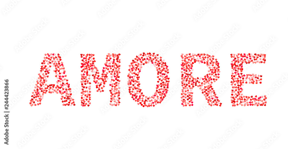 The word Amore made of little hearts shades of red and pink. Love in Italian. Valentine’s day typography poster. Vector illustration. Easy to edit template for your artworks. The word Amore made of little hearts shades of red and pink. Love in Italian. Valentine’s day typography poster. Vector illustration. Easy to edit template for your artworks.