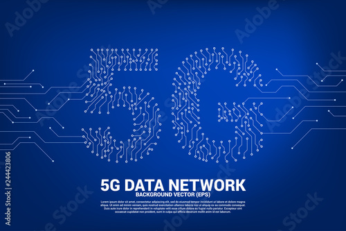 5G mobile networking from dot and line circuit board graphic style. Concept for mobile sim card technology and network.