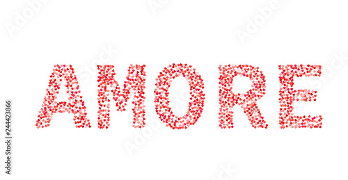 The word Amore made of little hearts shades of red and pink. Love in Italian. Valentine’s day typography poster. Vector illustration. Easy to edit template for your artworks.