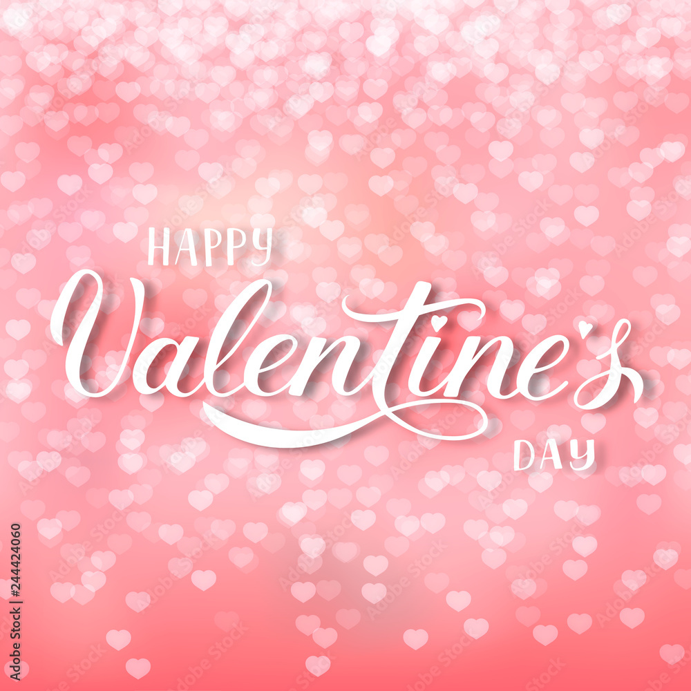 Valentines  day greeting card. Happy Valentine’s Day calligraphy hand lettering on soft pink background with falling hearts confetti. Easy to edit vector template