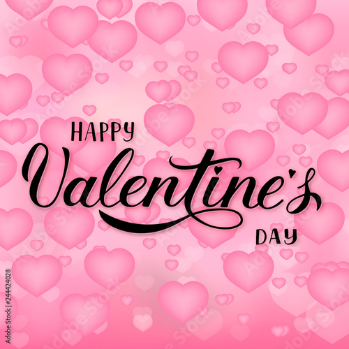 Happy Valentine’s Day calligraphy hand lettering on pink background with 3d flying hearts. Valentines day greeting card. Easy to edit vector template