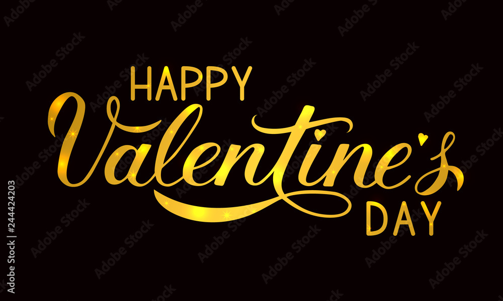 Happy Valentine’s Day gold writing on black background. Hand drawn calligraphy lettering. Easy to edit vector template for Valentines day greeting card, party invitation, poster, flyer, banner etc.