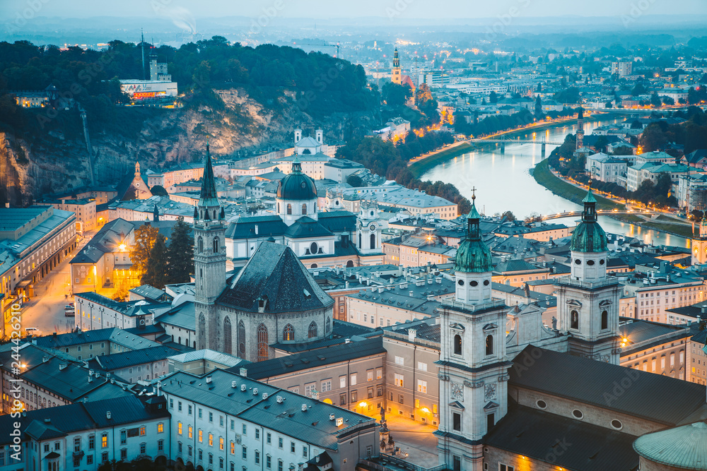 Historic city of Salzburg at twilight, Austria