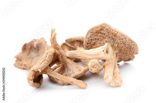 Delicious organic dried mushrooms on white background