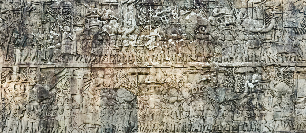 Obraz premium Bas-relief at Bayon temple in Angkor Thom. Siem Reap. Cambodia. Panorama