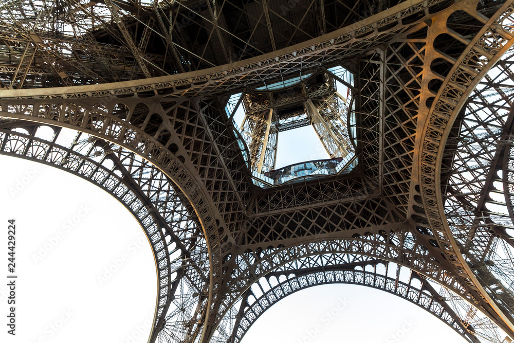 View on Eiffel tower from below in the evening, Paris
