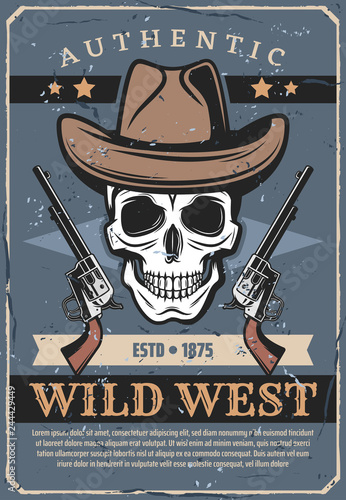 Wild West, vector skull in hat and revolver