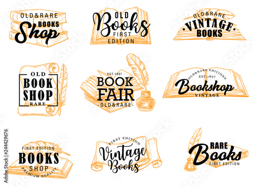Books and manuscripts vector icons, lettering