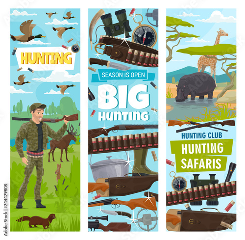 Hunting sport equipment icons and hunter
