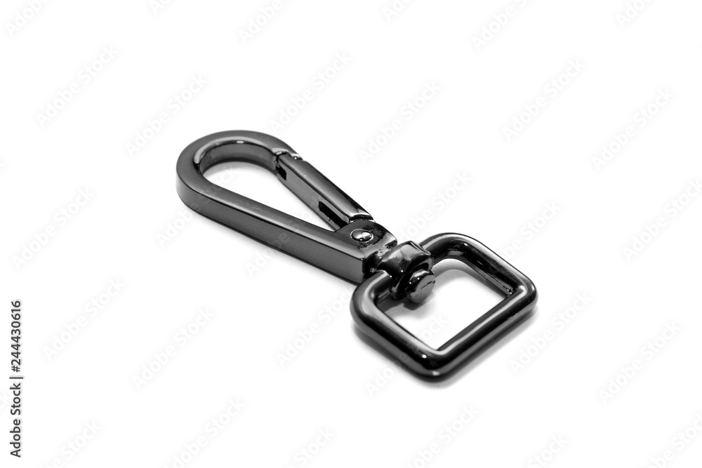 Black carabiner isolated on white background. Metal fittings. View from above Black carabiner isolated on white background. Metal fittings. View from above