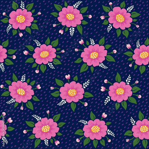 Seamless floral pattern in vector. Pink flowers and green leaves on a dark blue background.