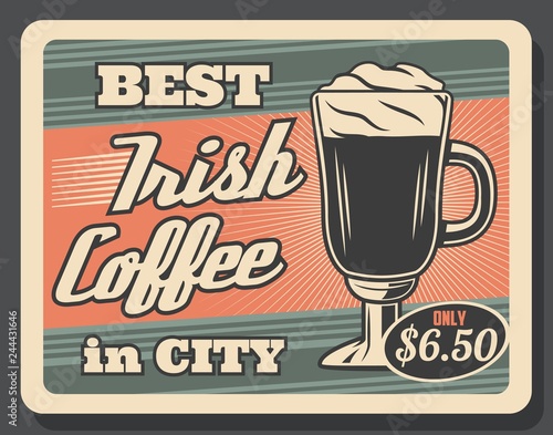 Irish coffee, vector retro glass cup and foam