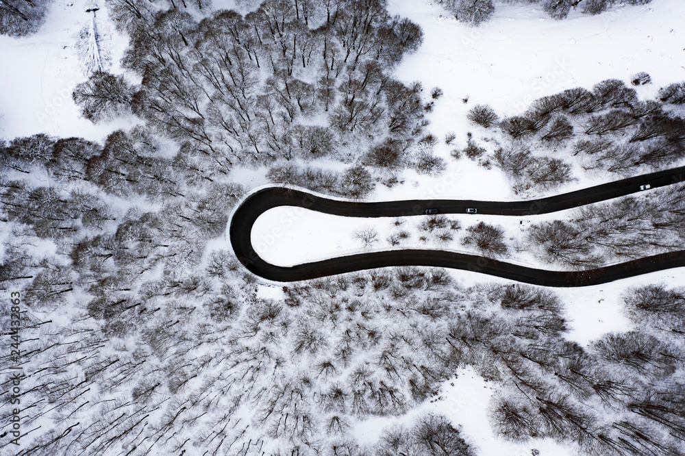 Aerial view of a beautiful serpentine road with some cars that run through it. Spectacular landscape consisting of a pine trees forest and white snow. National Park of Abruzzo.