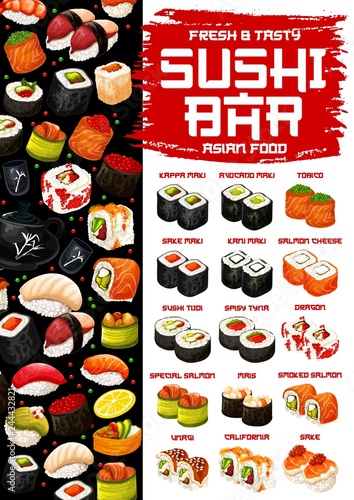Japanese cuisine menu, sushi and rolls