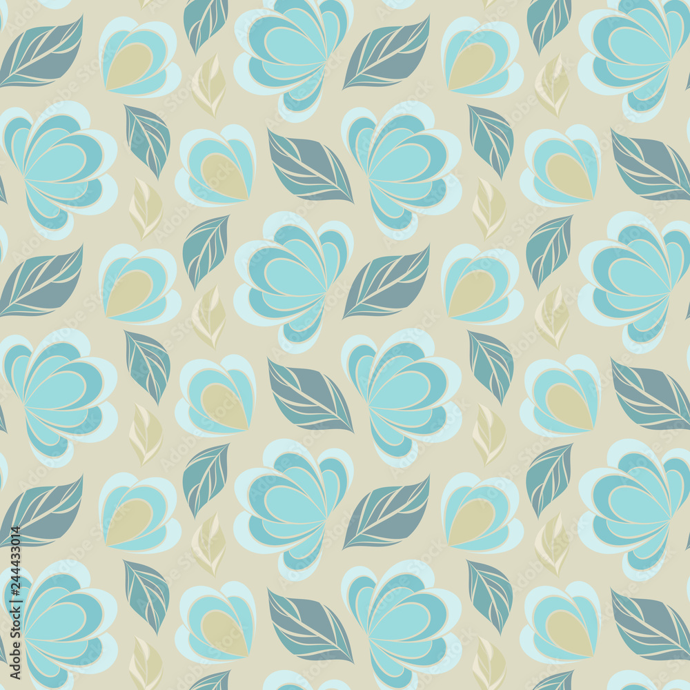 Seamless vector floral pattern with abstract flowers and leaves in pastel blue colors on light background