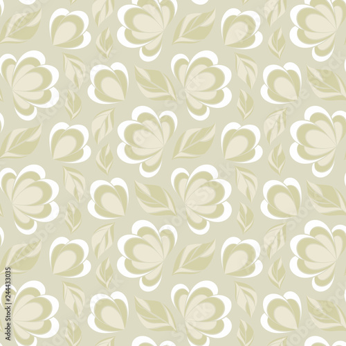 Seamless vector floral pattern with abstract flowers and leaves in monochrome light colors on beige background