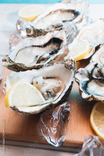 Delicious oysters with lemon, seafood delicacy