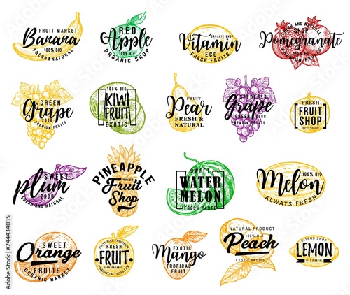 Farm and garden sketch fruit icons, lettering