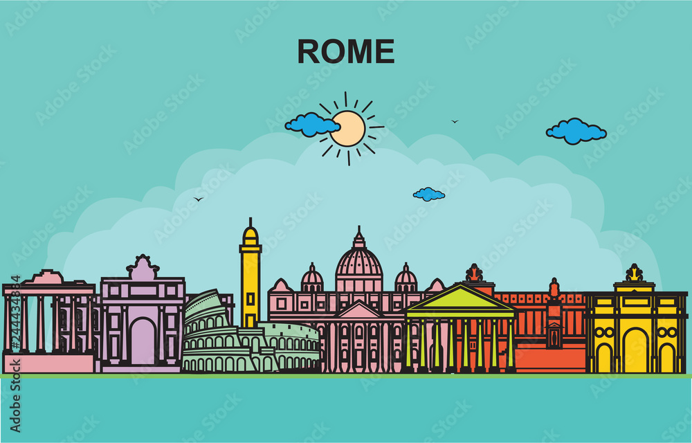 Rome City Tour Cityscape Skyline Colorful Illustration