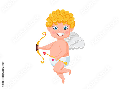 Funny cupid cartoon character with bow and arrow. Vector Illustration elements of a Valentine's Day. Isolated on white background