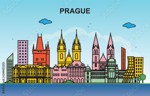 Prague City Tour Cityscape Skyline Colorful Illustration