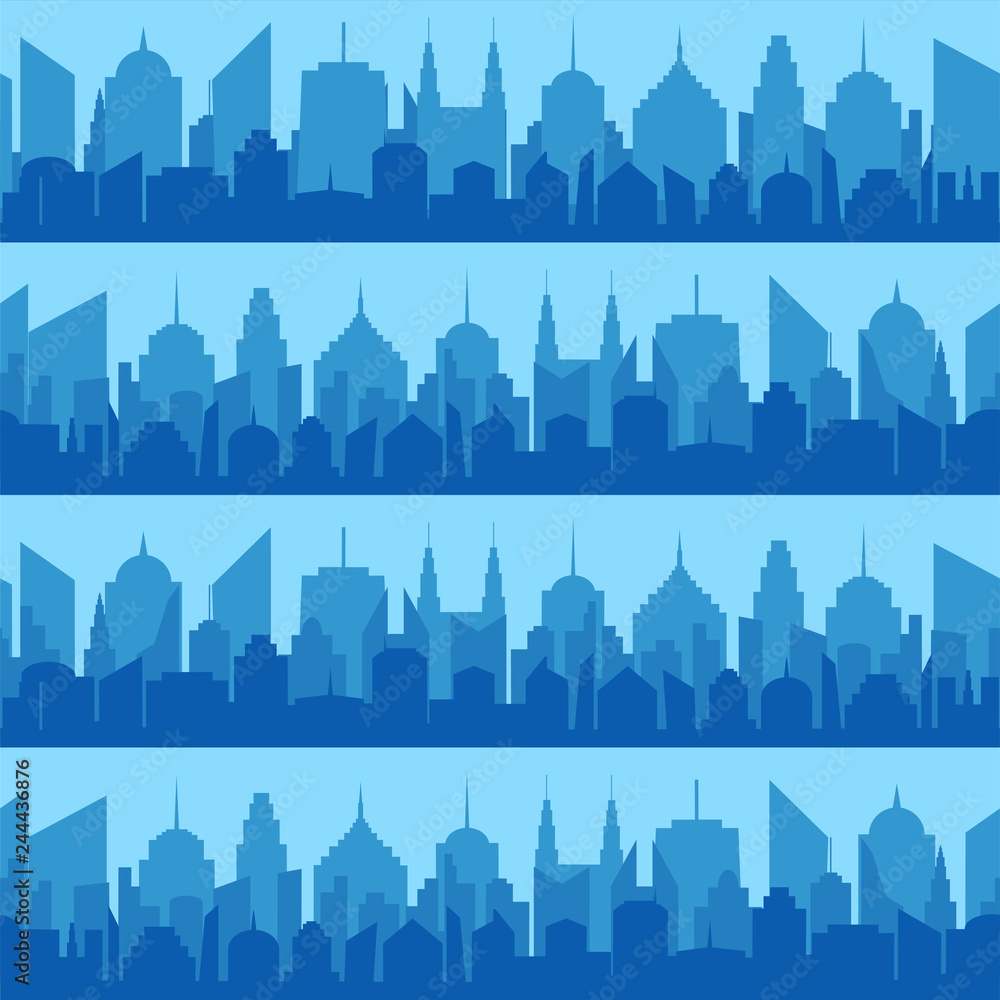 Comic blue cityscape seamless pattern