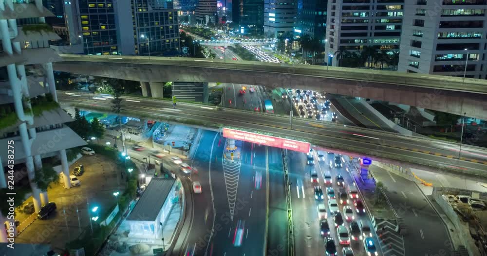 JAKARTA, Indonesia - January 16, 2019: Beautiful aerial hyperlapse of rush hour and modern skyscrapers in Jakarta city, Indonesia. Shot in 4k resolution JAKARTA, Indonesia - January 16, 2019: Beautiful aerial hyperlapse of rush hour and modern skyscrapers in Jakarta city, Indonesia. Shot in 4k resolution