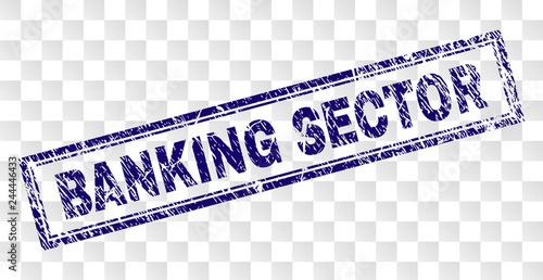 BANKING SECTOR stamp seal print with grainy style and double framed rectangle shape. Stamp is placed on a transparent background. Blue vector rubber print of BANKING SECTOR label with unclean texture.