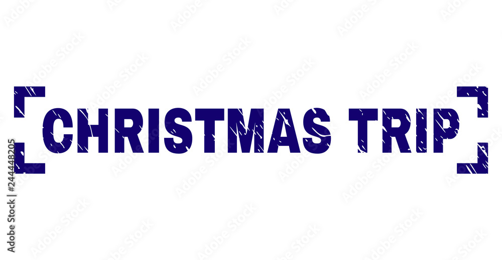 CHRISTMAS TRIP title seal imprint with corroded texture. Text title is placed between corners. Blue vector rubber print of CHRISTMAS TRIP with dust texture.