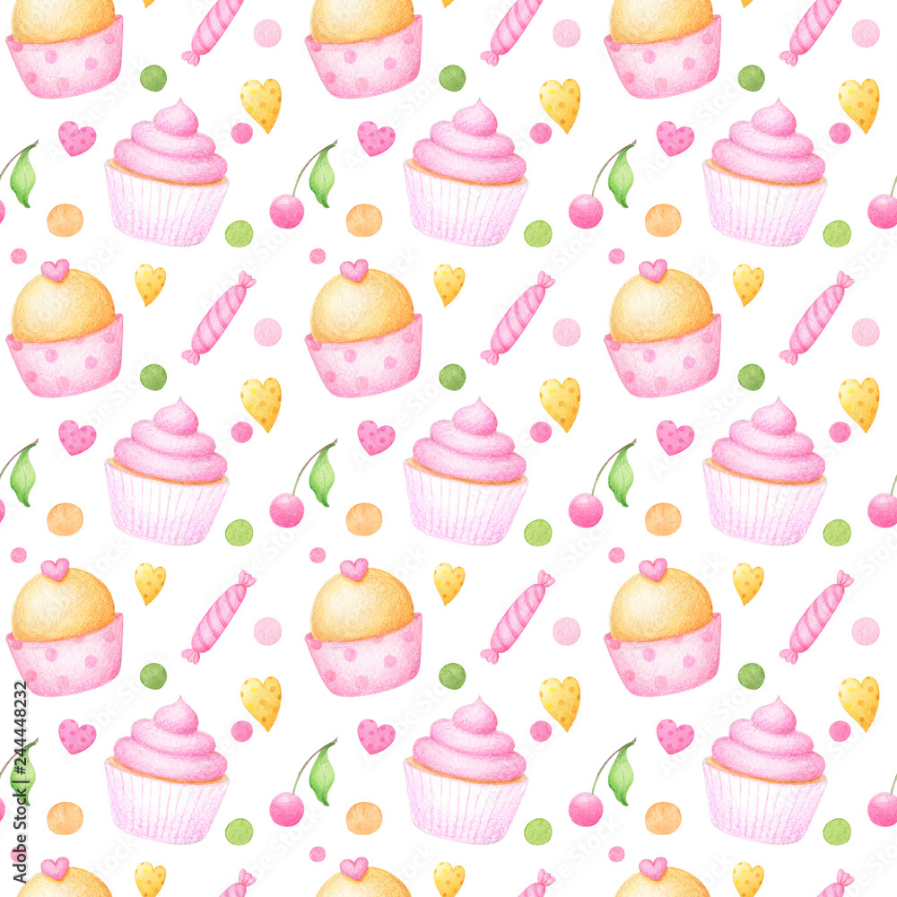 Seamless pattern with watercolor cupcakes, sweets, cherries and hearts Seamless pattern with watercolor cupcakes, sweets, cherries and hearts