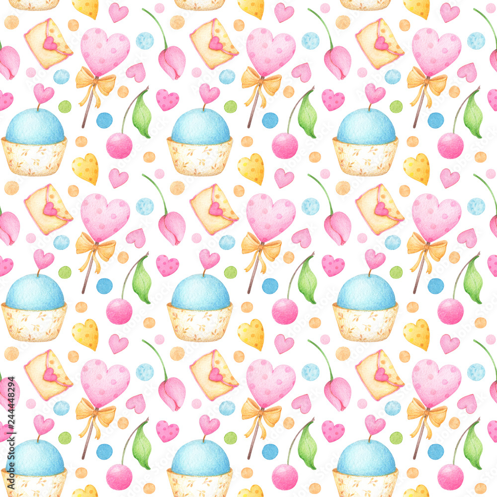 Seamless watercolor pattern with sweets, tulips, cherries and hearts Seamless watercolor pattern with sweets, tulips, cherries and hearts
