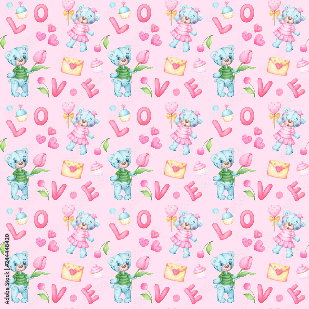 Teddy bear seamless pattern with LOVE letters, teddy bears, sweets pink