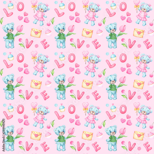 Teddy bear seamless pattern with LOVE letters, teddy bears, sweets pink