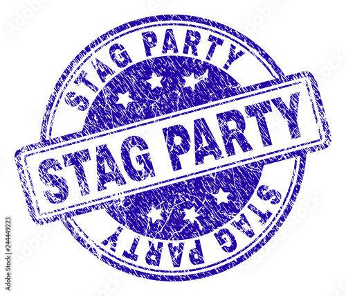 STAG PARTY stamp seal watermark with grunge texture. Designed with rounded rectangles and circles. Blue vector rubber print of STAG PARTY tag with scratched texture.