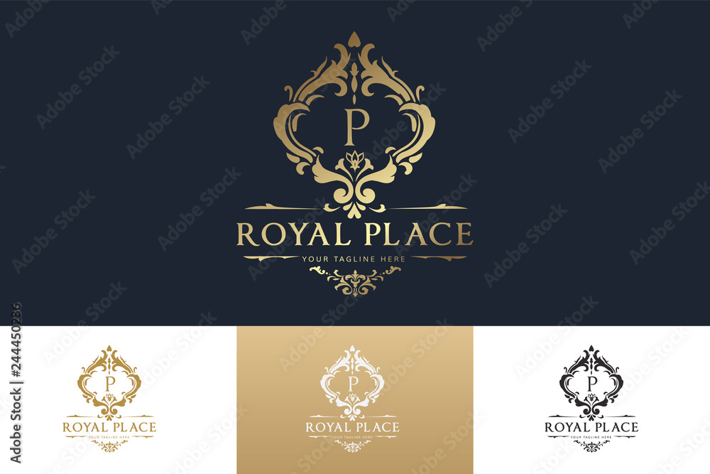 Luxury Logo Template  with Luxurious Golden monogram crest  and baroque style design for wedding invitation, Hotel, Boutique brand identity. Vector Illustration.