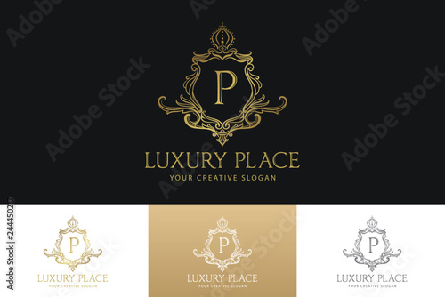Luxury Logo Template  with Luxurious Golden monogram crest  and baroque style design for wedding invitation, Hotel, Boutique brand identity. Vector Illustration. photo