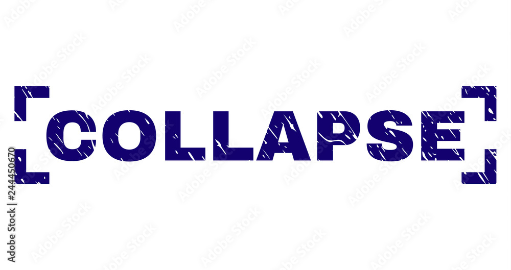 COLLAPSE label seal watermark with grunge texture. Text label is placed between corners. Blue vector rubber print of COLLAPSE with corroded texture.