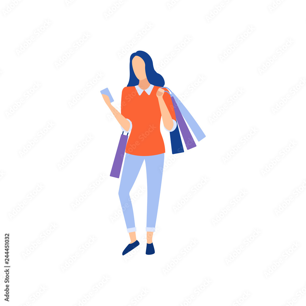 Woman holding shopping bags and smartphone.