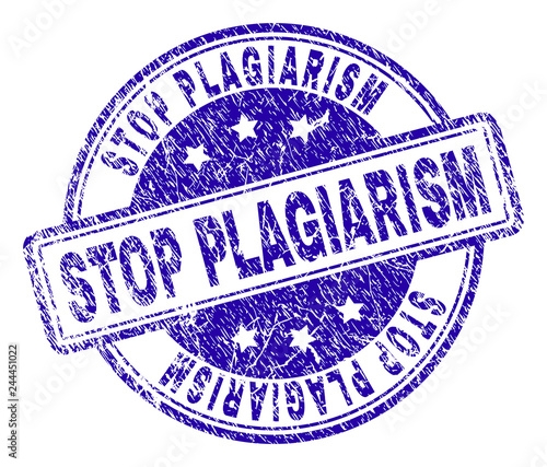 STOP PLAGIARISM stamp seal watermark with grunge texture. Designed with rounded rectangles and circles. Blue vector rubber print of STOP PLAGIARISM text with scratched texture.