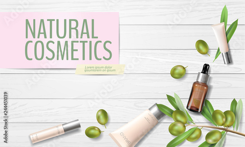 Realistic organic olive oil cosmetics ad. Natural essence farm plant leaves green olive fruits mesh 3D beauty care promotional poster template. Web banner woman glass face cream vector illustration