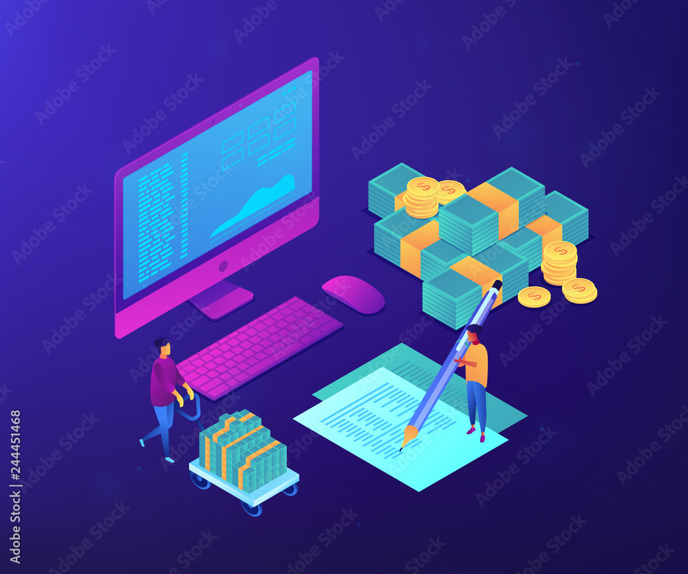 Financial analyst with computer and pen calculating cash flow statement. Cash flow statement, cash flow management, financial plan concept. Ultraviolet neon vector isometric 3D illustration. - obrazy, fototapety, plakaty 
