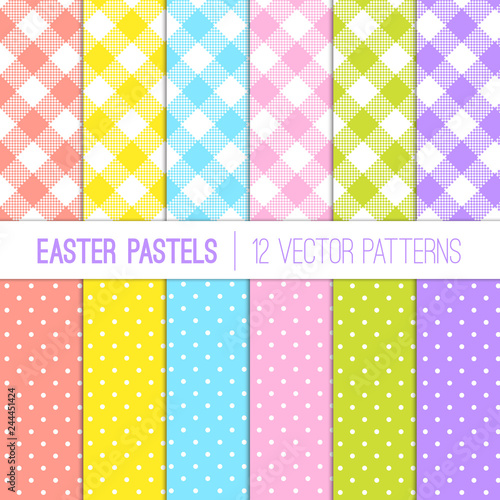 Easter Colors Pixel Gingham Plaid and Tiny Polka Dot Vector Patterns. Pastel Rainbow Backgrounds. Fresh Shades of Coral Orange, Yellow, Pink, Blue, Lime Green and Lilac. Pattern Tile Swatches Included