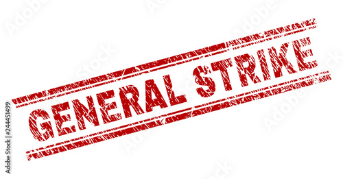 GENERAL STRIKE seal print with distress texture. Red vector rubber print of GENERAL STRIKE text with unclean texture. Text label is placed between double parallel lines.